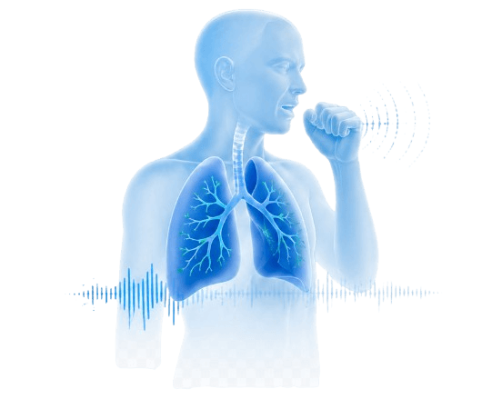 Medical illustration of a person coughing with highlighted lungs